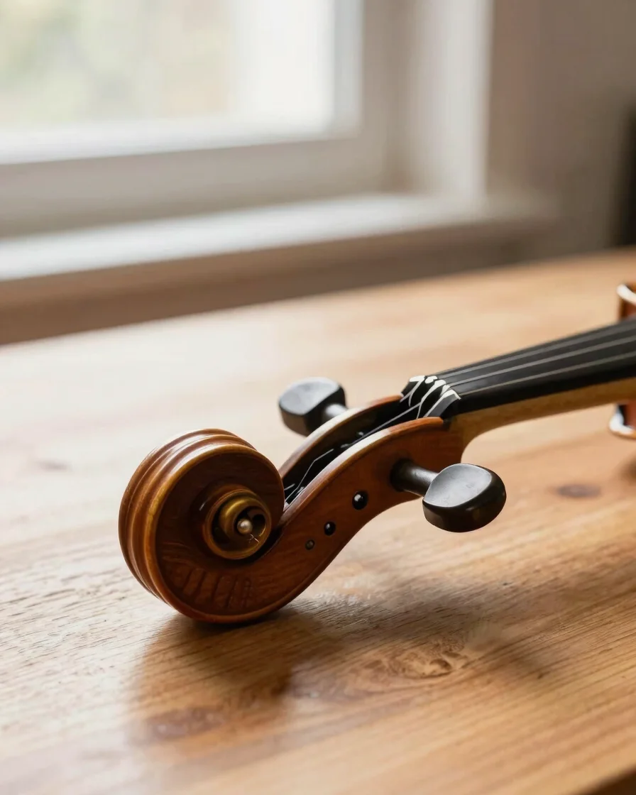 Close-up of a vintage violin scroll and pegs on a warm wooden workbench, soft natural window lighting, rich mahogany ton