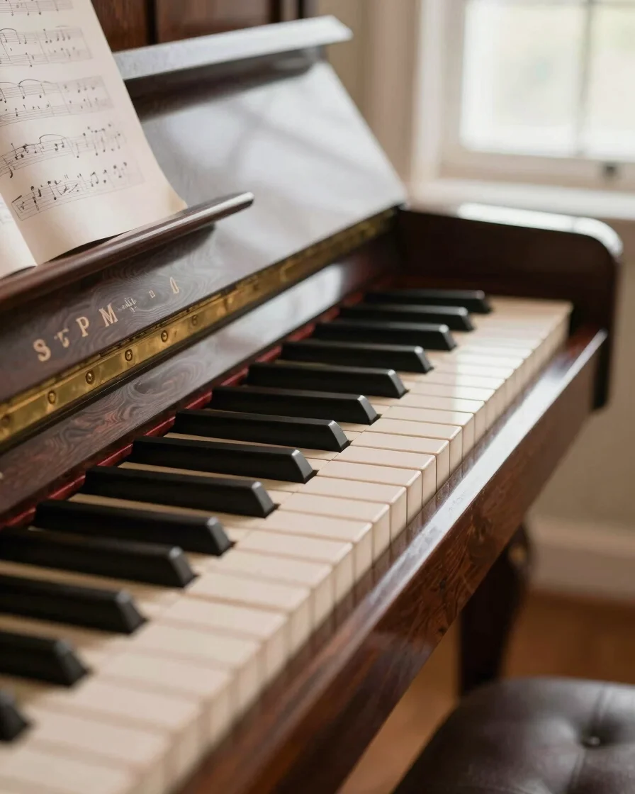 Close-up of vintage piano keys with brass accents and sheet music